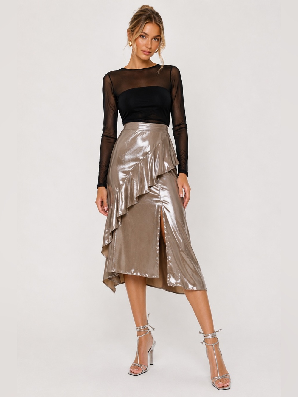 Zara Metallic Satin Ruffle Wrap Midi Skirt